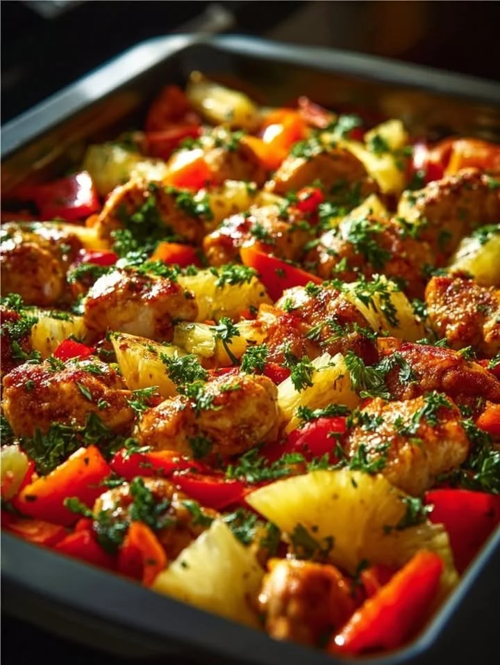 Hawaiian Chicken Sheet Pan with vegetables and pineapple on a baking sheet