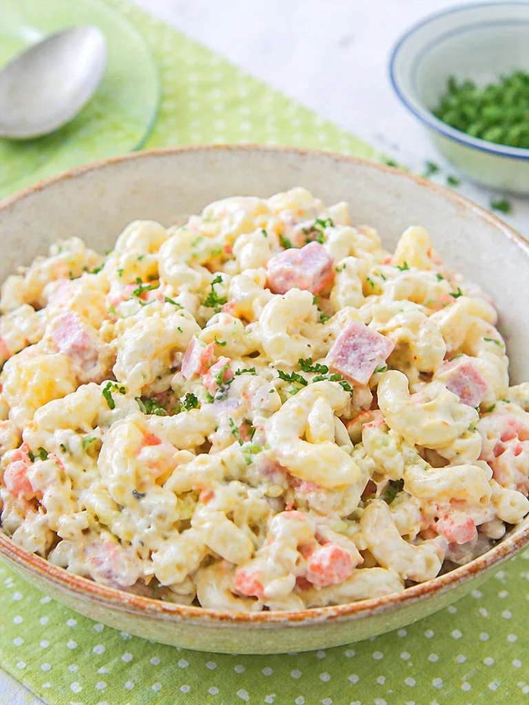 Delicious Hawaiian Macaroni Salad served in a bowl with a garnish