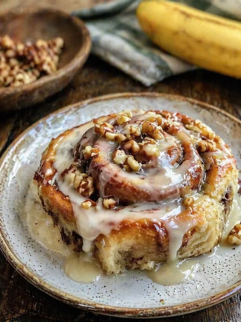 Freshly baked homemade banana cinnamon rolls drizzled with glaze