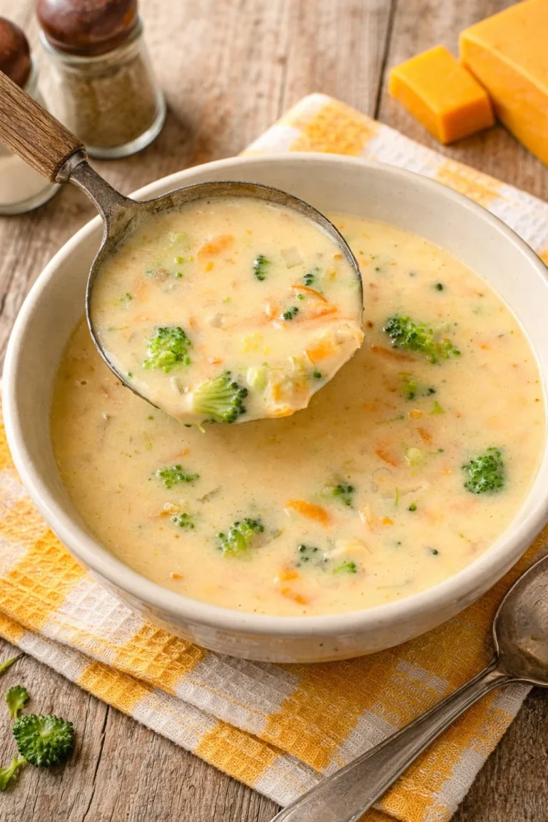 Homemade Panera-style broccoli cheese soup in a bowl with a bread roll