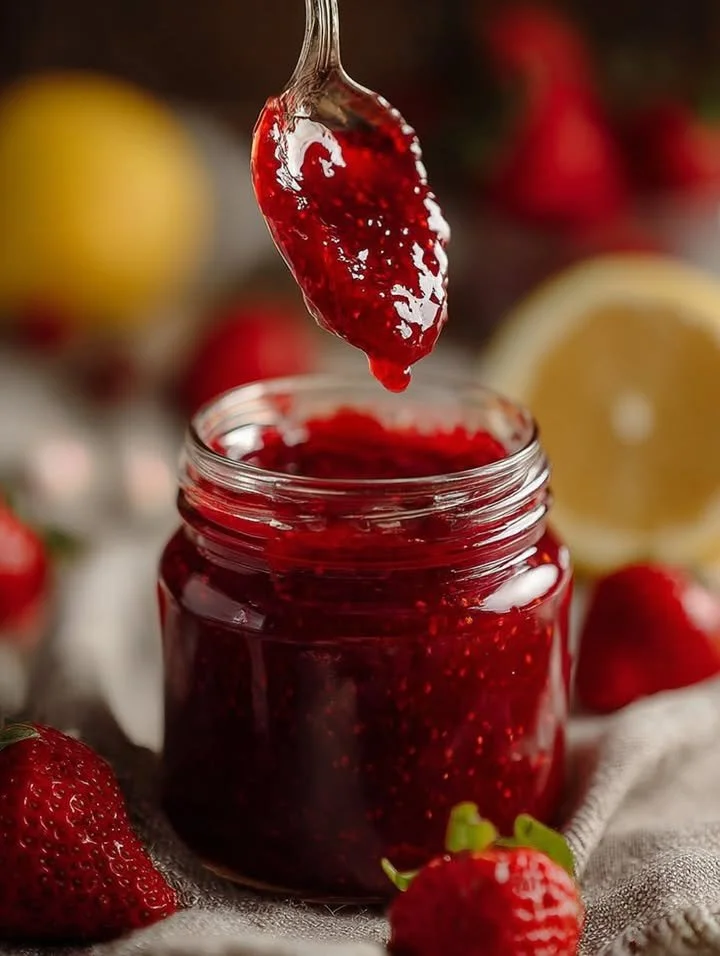 Homemade strawberry jam made without pectin, showcasing vibrant strawberries.