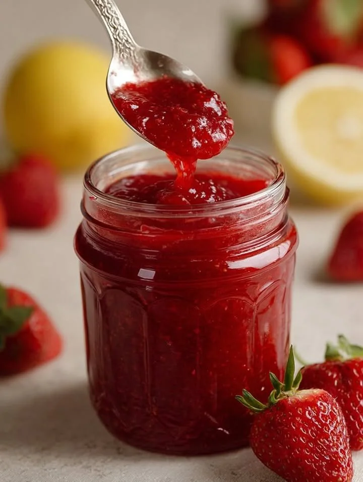 Homemade strawberry jam made without pectin, showcasing fresh strawberries in a jar.