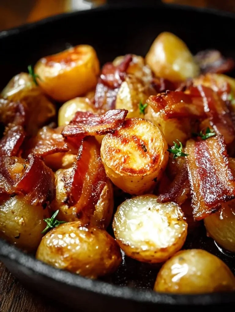 Plate of honey bacon roasted potatoes garnished with herbs