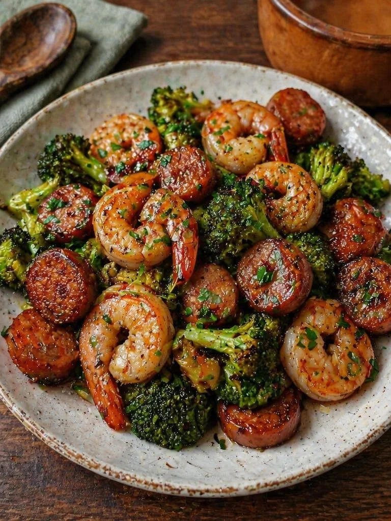 Honey garlic shrimp dish with sausage and broccoli served on a plate.