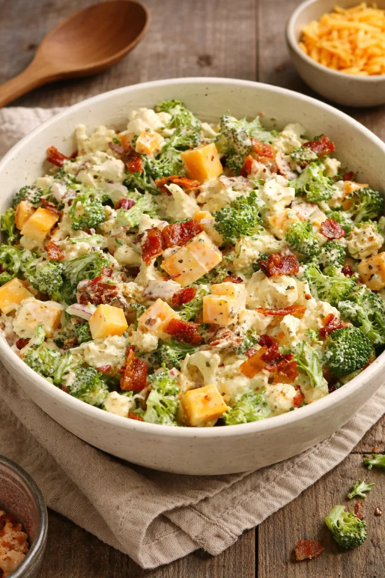 Loaded Broccoli Cauliflower Salad with fresh veggies and dressing