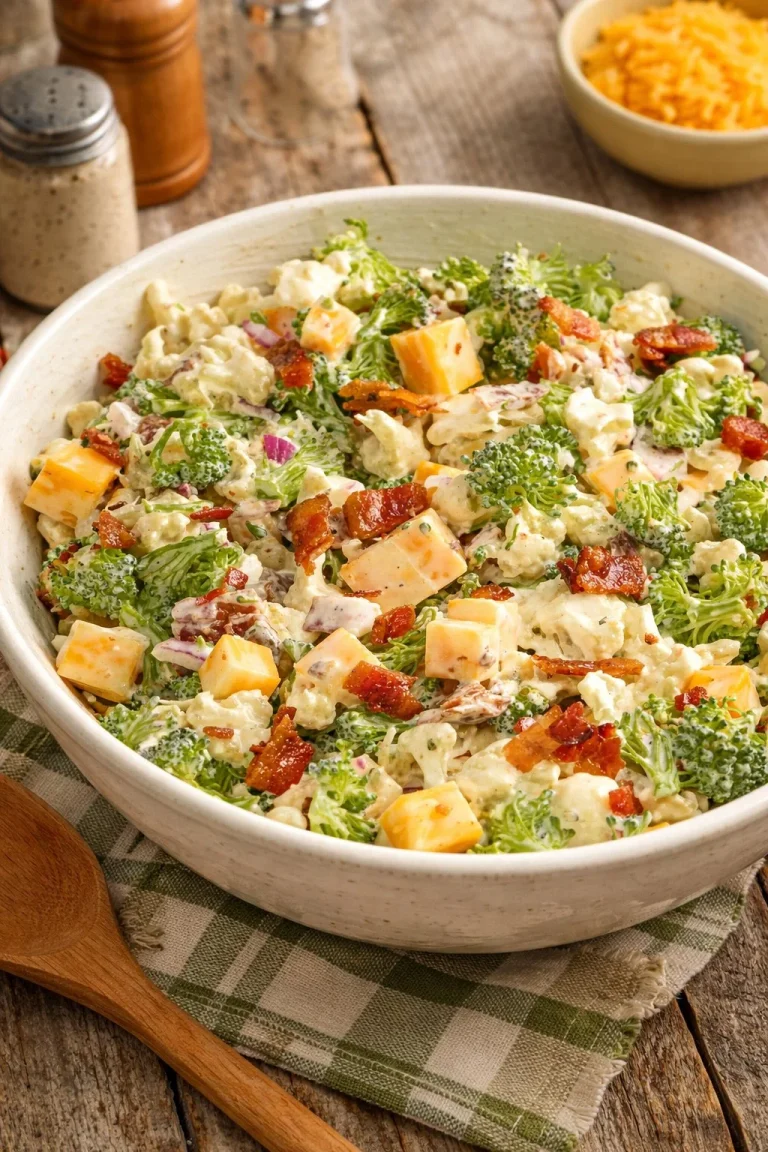 Loaded broccoli cauliflower salad with fresh vegetables and a creamy dressing