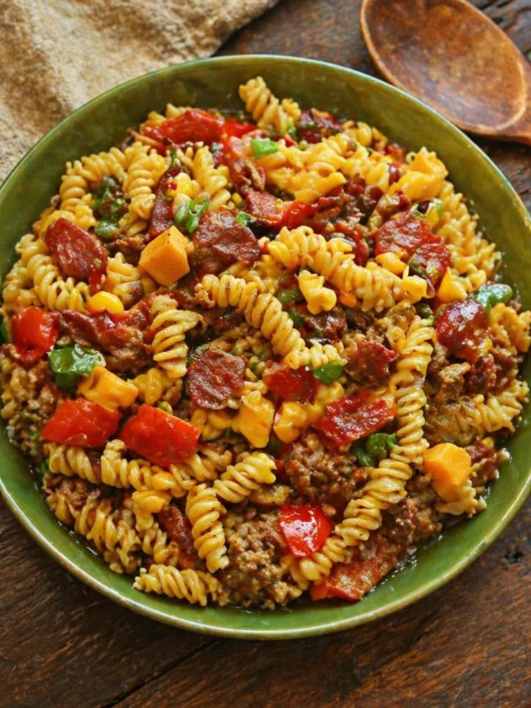 Loaded Cowboy Pasta Salad with fresh vegetables and dressing in a serving bowl.