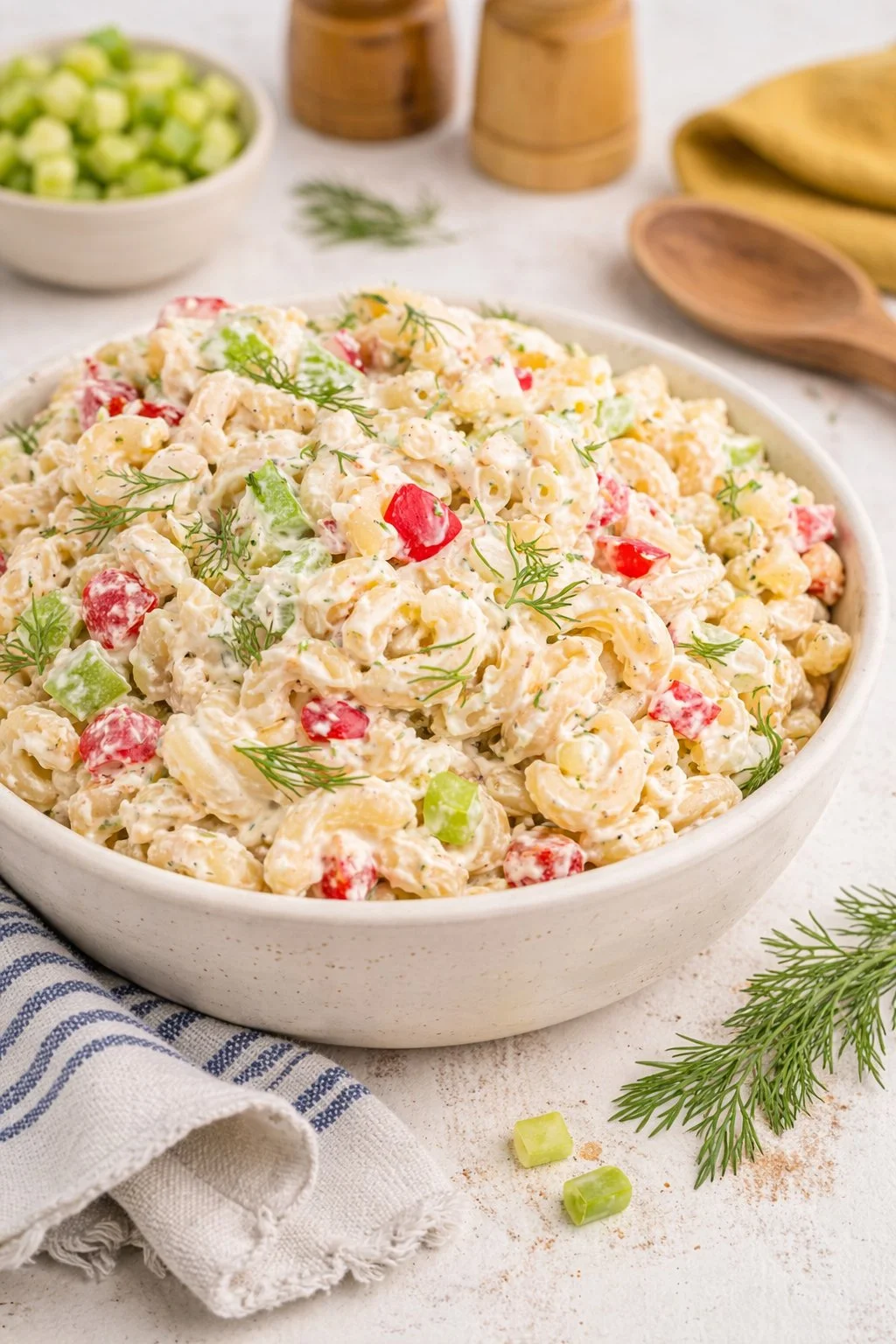 Macaroni Dill Pasta Salad A bowl of Macaroni Dill Pasta Salad with vibrant vegetables and herbs