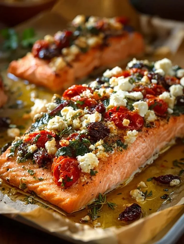Mediterranean baked salmon topped with feta and sun-dried tomatoes