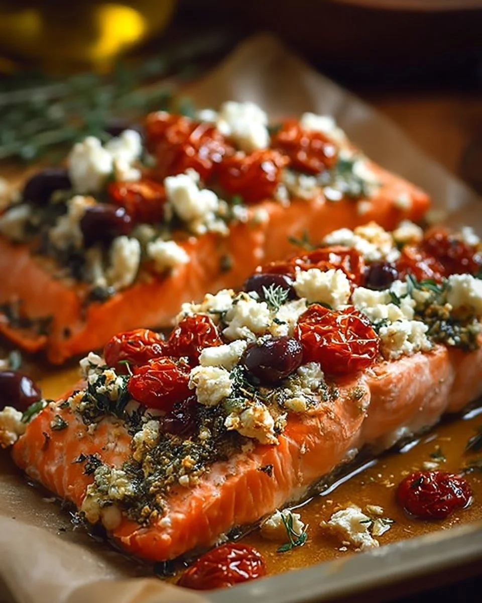 Mediterranean-Style Baked Salmon Mediterranean-style baked salmon garnished with herbs and lemon slices