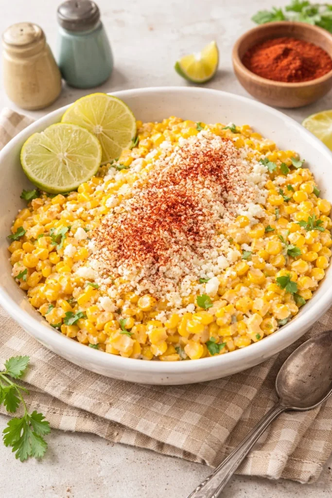 Bowl of Mexican street corn salad topped with cheese and spices