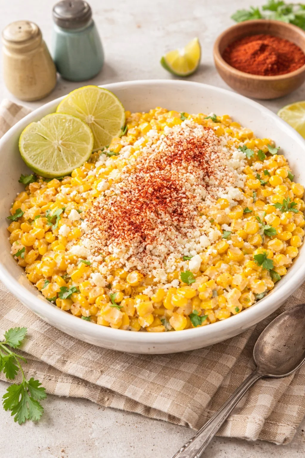 Bowl of Mexican street corn salad topped with cheese and spices