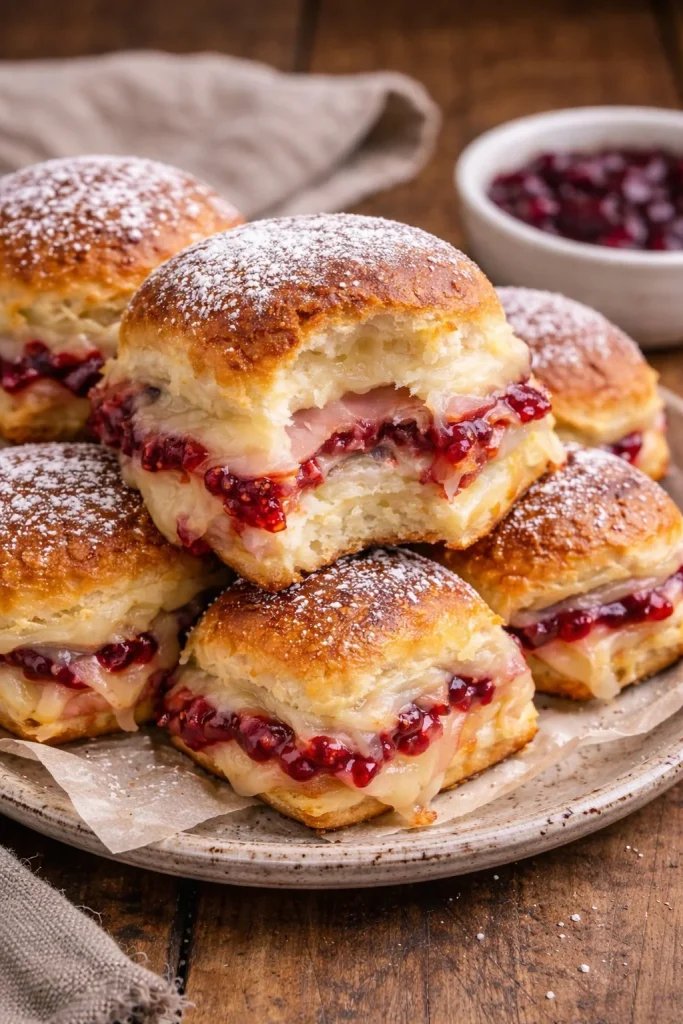 Delicious Monte Cristo sliders with ham, turkey, and cheese on a platter.