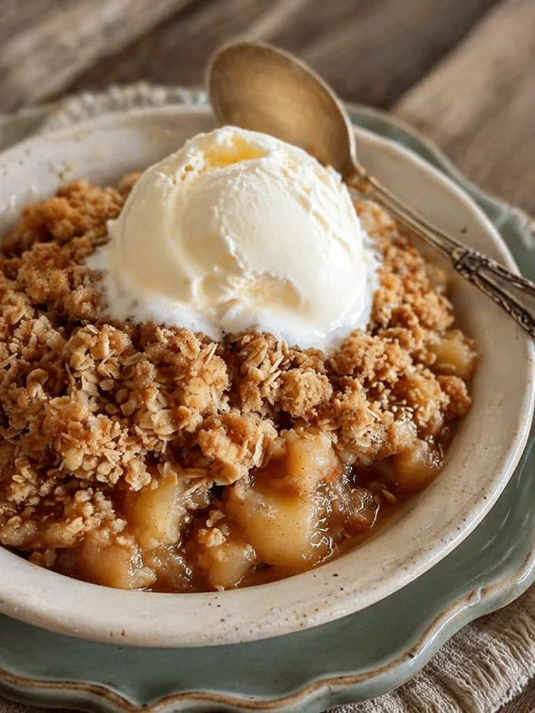 Delicious old-fashioned apple crisp served in a bowl with a scoop of vanilla ice cream
