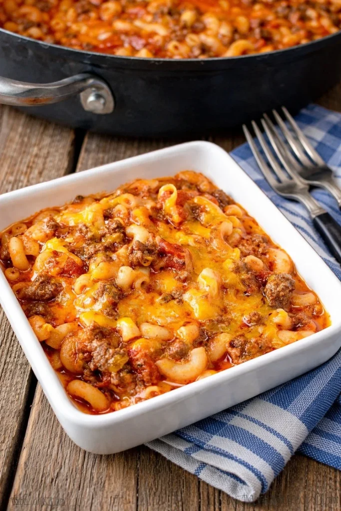 Bowl of old-fashioned goulash topped with fresh herbs