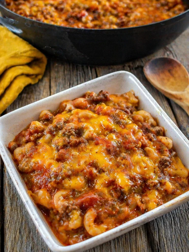 Delicious bowl of Old Fashioned Goulash with pasta and beef.
