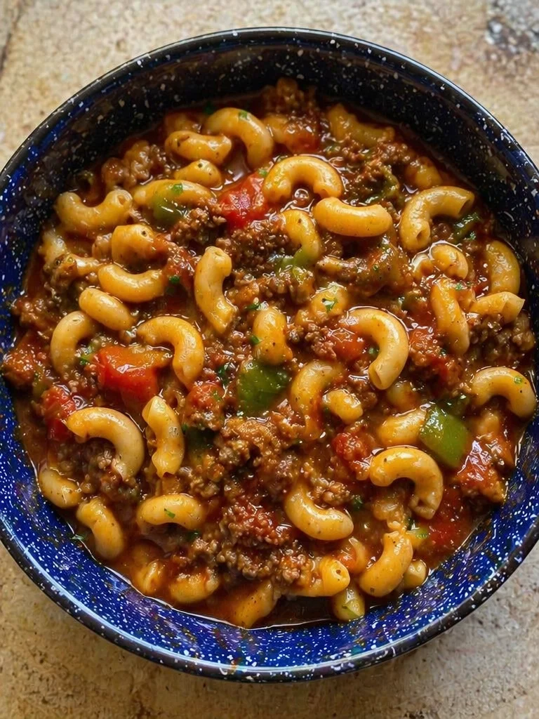 Bowl of Old-Fashioned Goulash Classic with noodles and ground beef