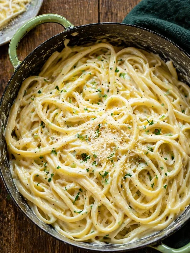 Bowl of One Pot Creamy Garlic Pasta topped with herbs and parmesan cheese