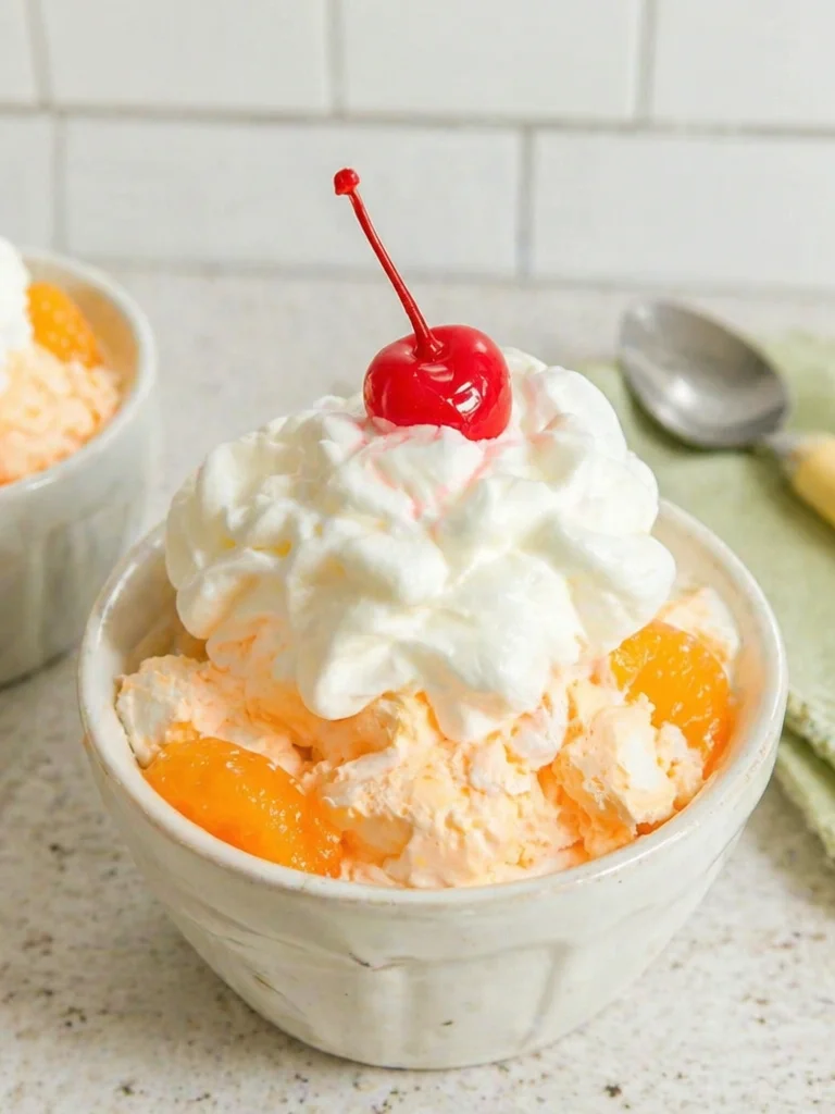 Delicious orange creamsicle fluff dessert served in a bowl