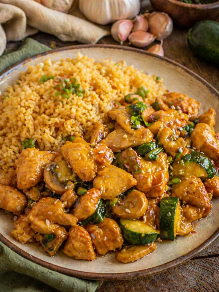 Delicious Panda Express Mushroom Chicken featuring tender chicken and mushroom sauce.