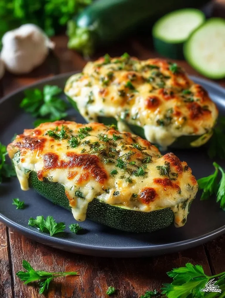 Delicious Parmesan Baked Zucchini Boats topped with melted cheese and herbs.