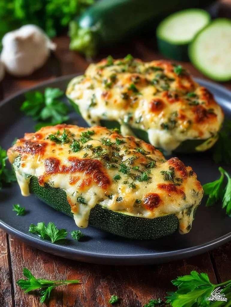 Delicious Parmesan Baked Zucchini Boats topped with melted cheese and herbs.