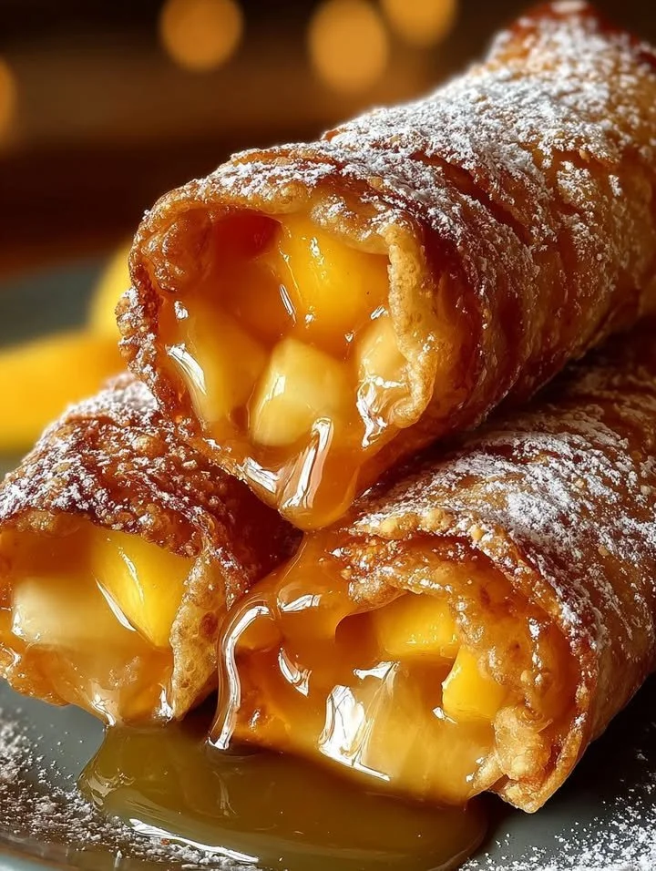 Peach Cobbler Egg Rolls served with a scoop of vanilla ice cream on a plate.