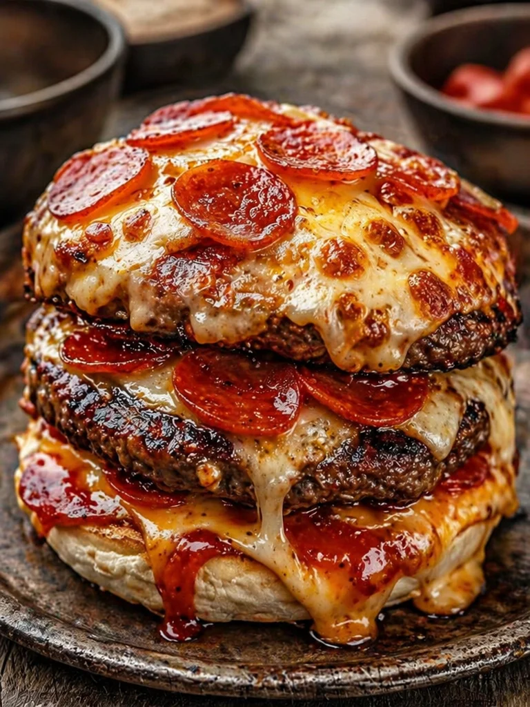 Delicious Pepperoni Pizza Burger topped with melted cheese and pepperoni