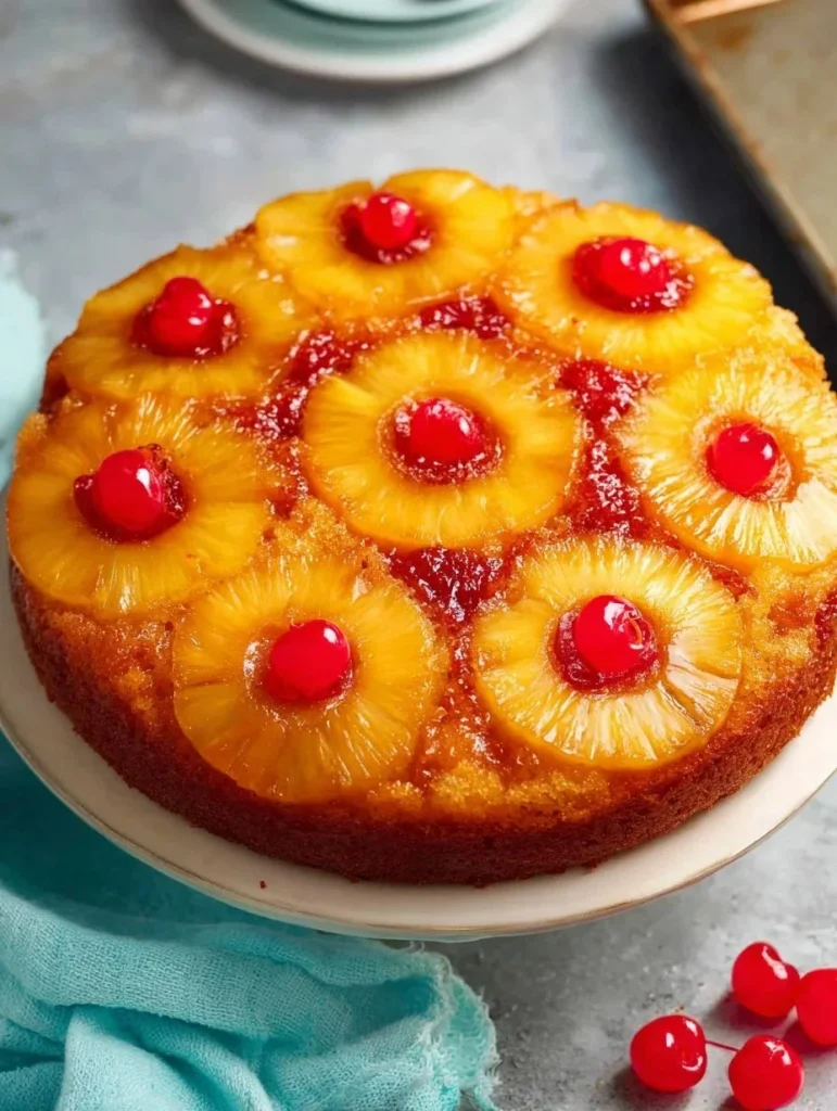 Delicious Pineapple Upside Down Cake topped with caramelized pineapple slices.