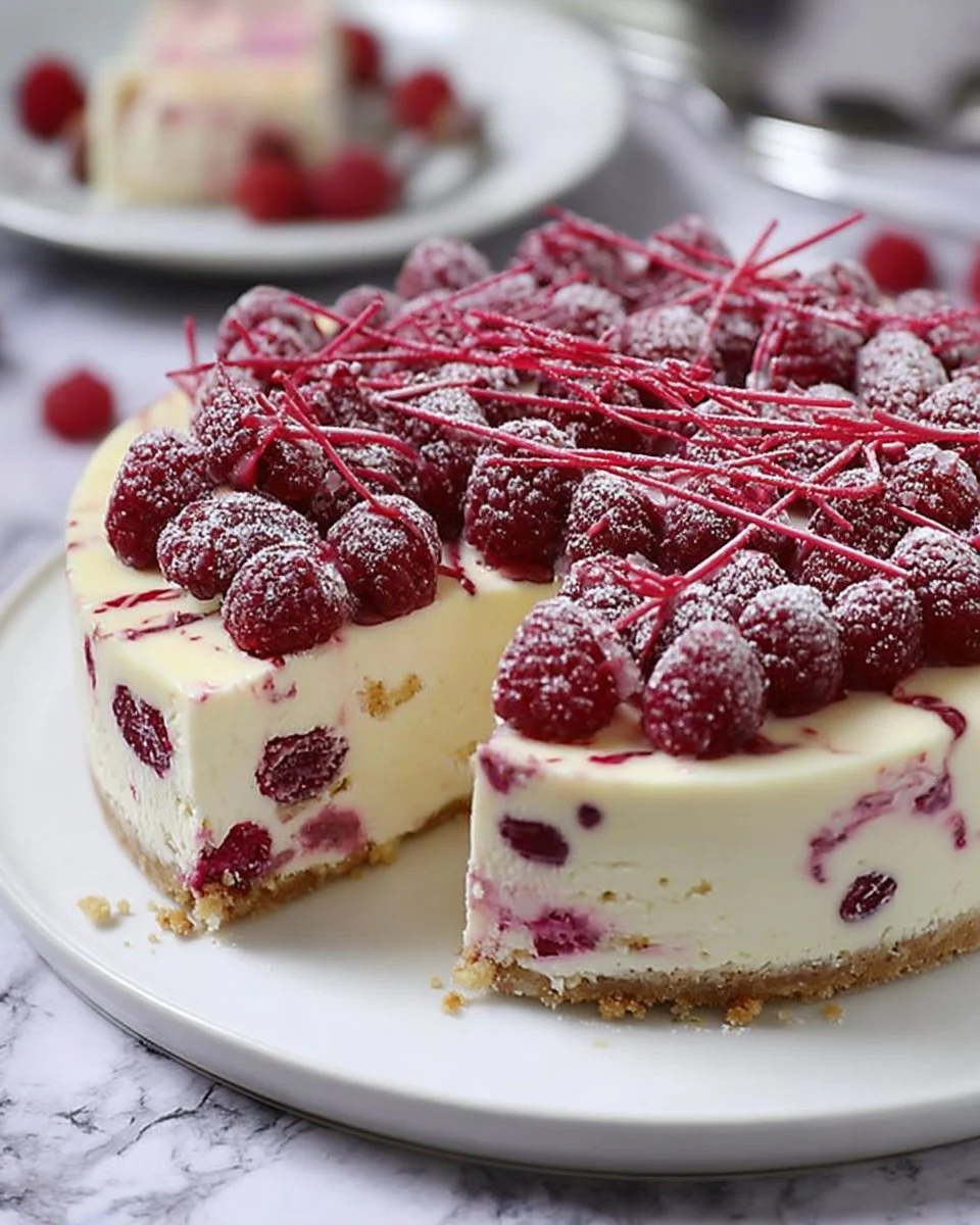 Raspberry White Chocolate No-Bake Cheesecake topped with fresh raspberries