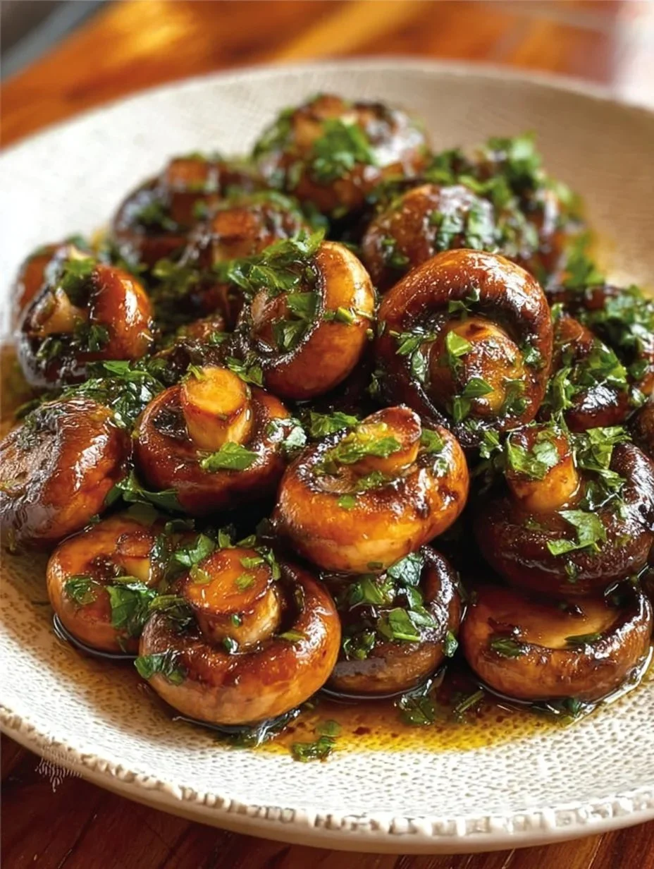 Roasted Garlic Mushrooms Plate of roasted garlic mushrooms garnished with herbs