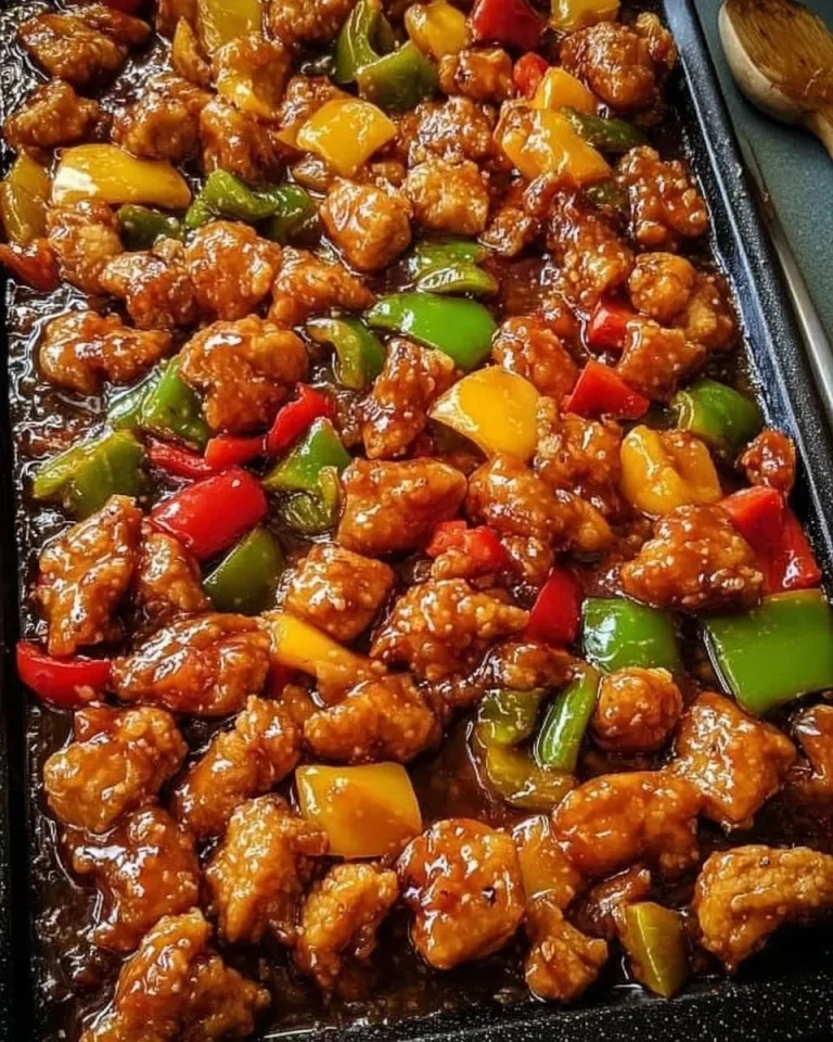 Sheet Pan Sticky Sweet and Sour Chicken served with vegetables on a tray