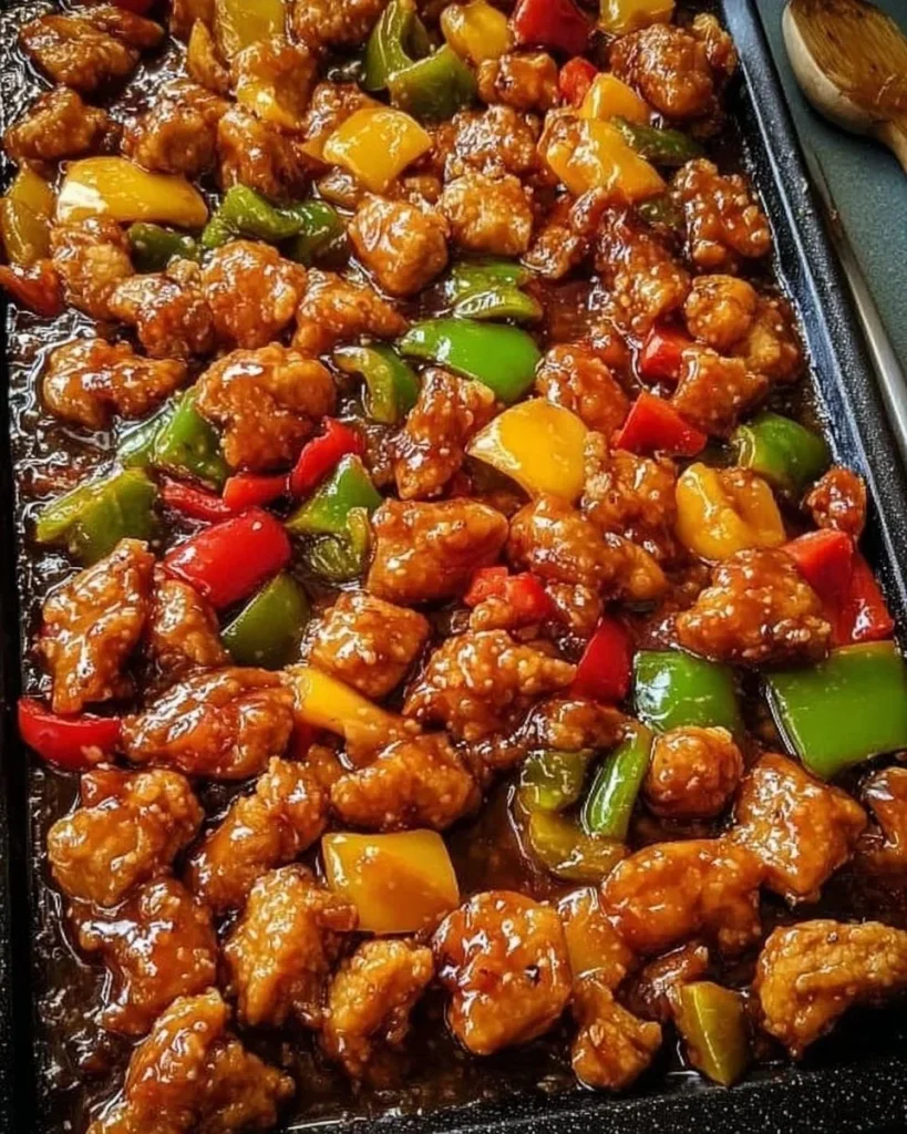Sheet Pan Sticky Sweet and Sour Chicken served with vegetables on a tray