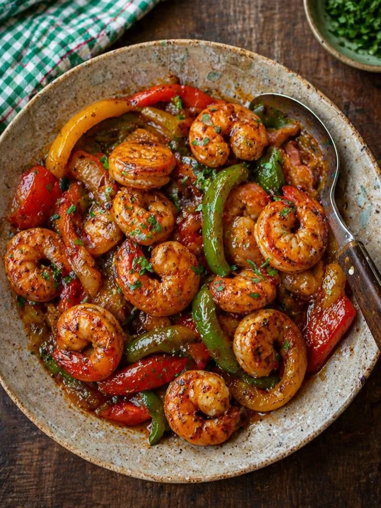 Shrimp and bell pepper stir-fry in a skillet