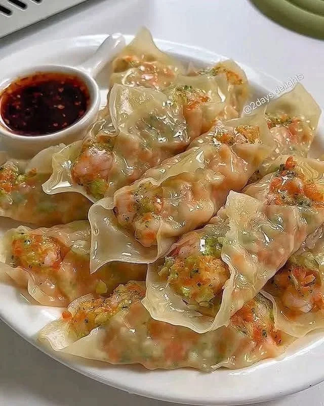 Shrimp and vegetable dumplings served with dipping sauce on a plate