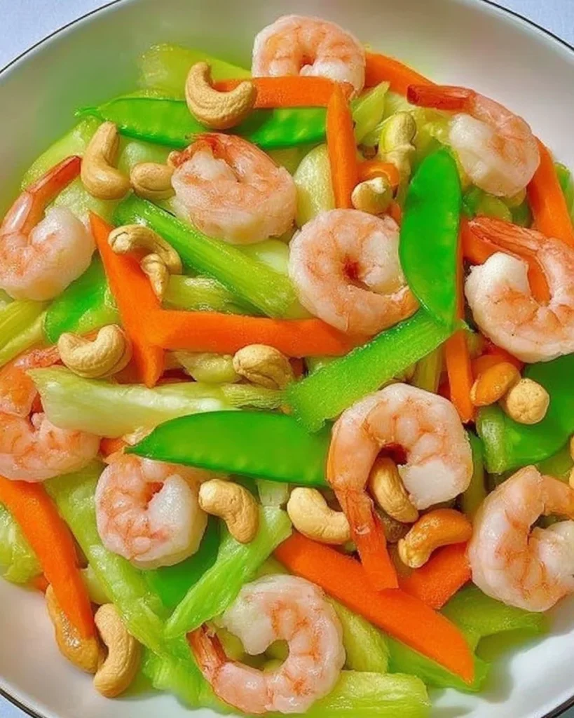 Shrimp stir-fry with celery, carrots, and cashews served in a bowl
