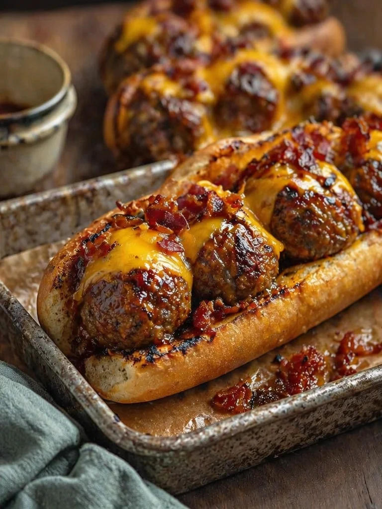 Delicious Bourbon BBQ Meatball Subs topped with fresh ingredients