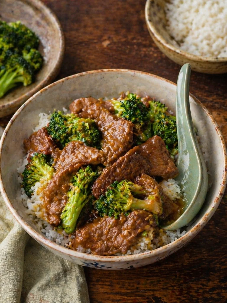 Slow Cooker Beef & Broccoli dish garnished with sesame seeds and served with rice
