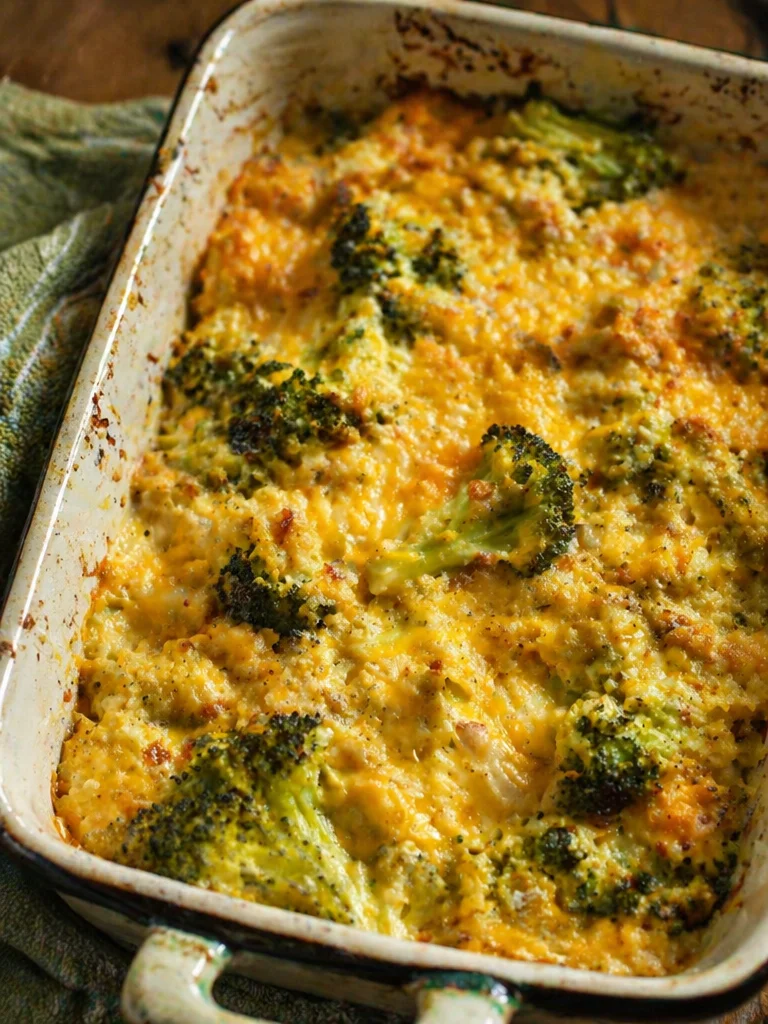 Slow cooker cheesy chicken broccoli casserole served in a dish