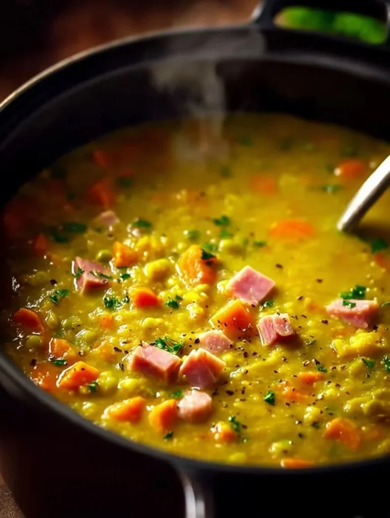 Bowl of slow cooker split pea soup with herbs and vegetables garnished on top.