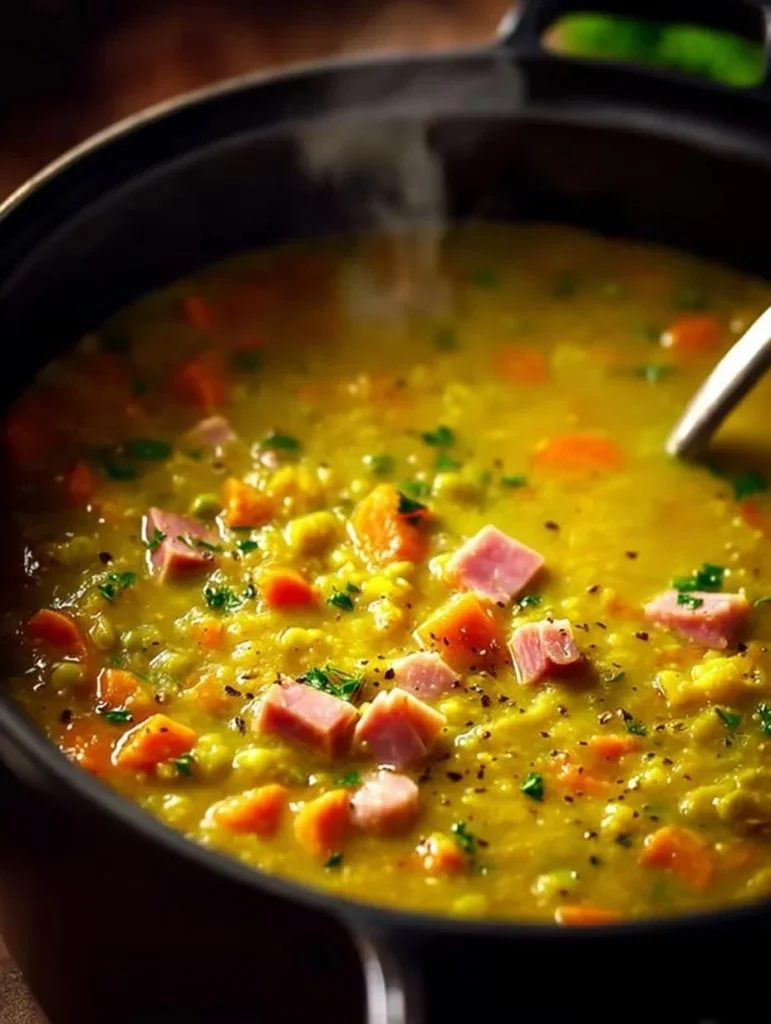 Bowl of slow cooker split pea soup with herbs and vegetables garnished on top.