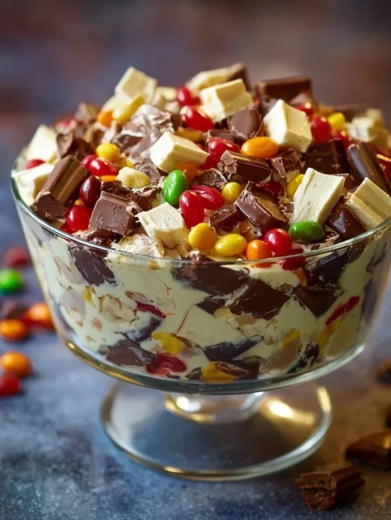 Snickers Salad A colorful bowl of Snickers Salad with apples, whipped cream, and Snickers candy.