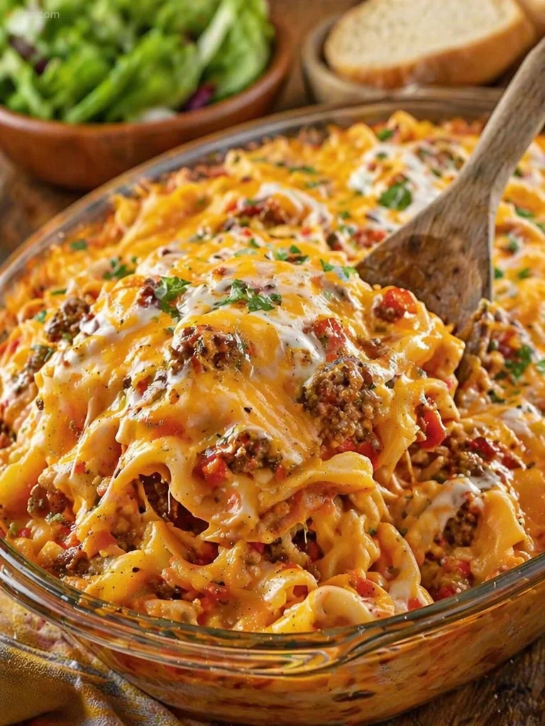 Delicious Sour Cream Noodle Bake, a creamy pasta dish with cheese and noodles.