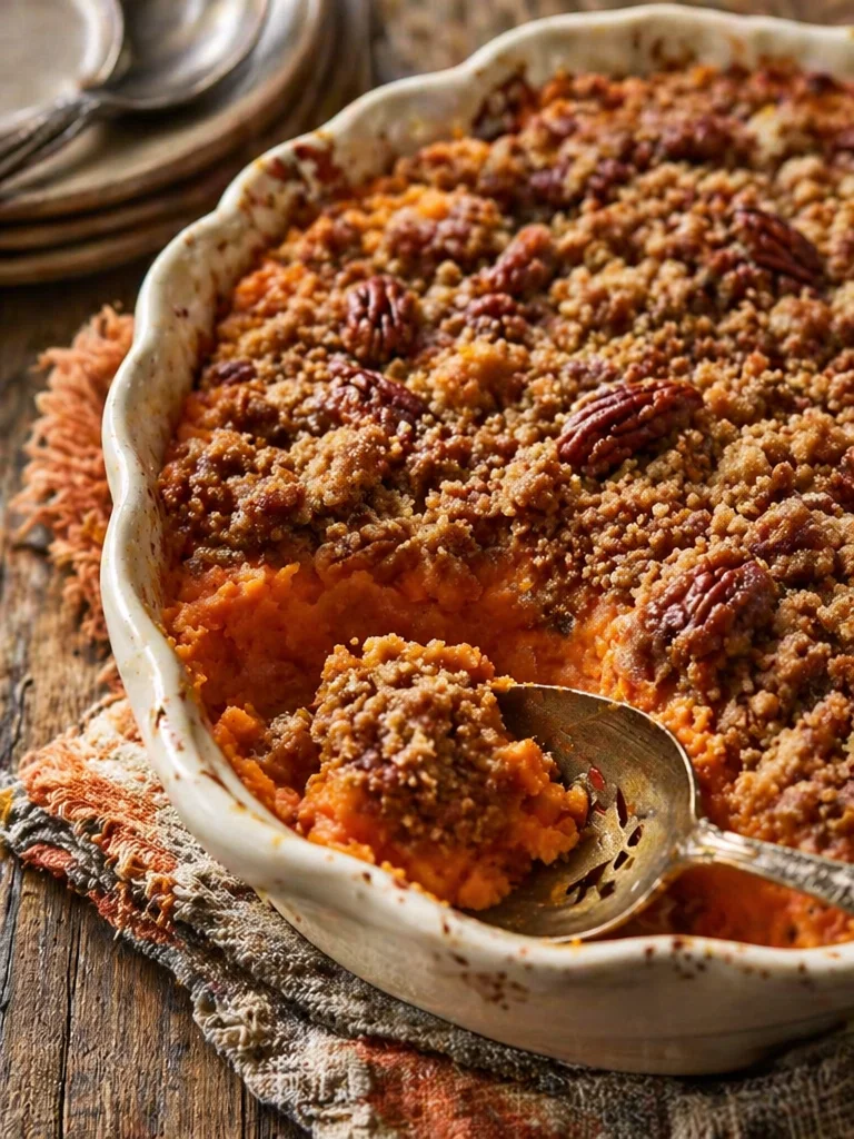Southern sweet potato casserole topped with pecans and marshmallows
