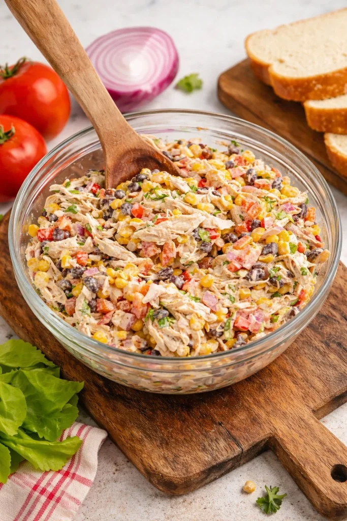Healthy Southwest Chicken Salad with grilled chicken, beans, and fresh vegetables