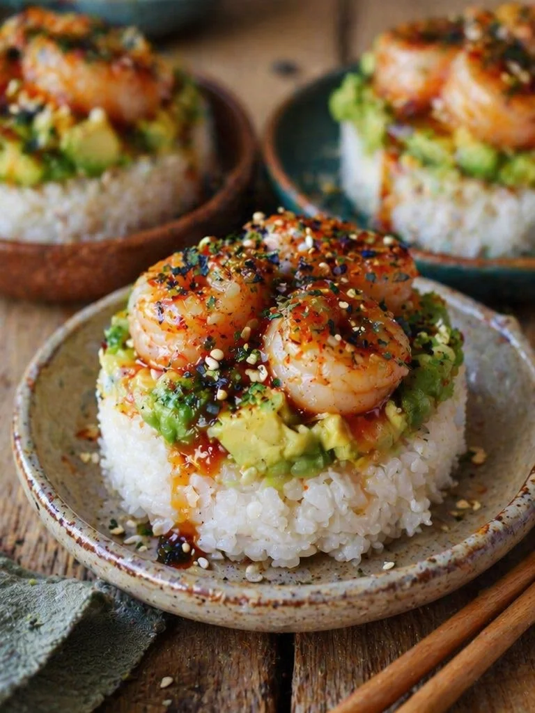 Delicious spicy shrimp sushi stacks garnished with fresh ingredients