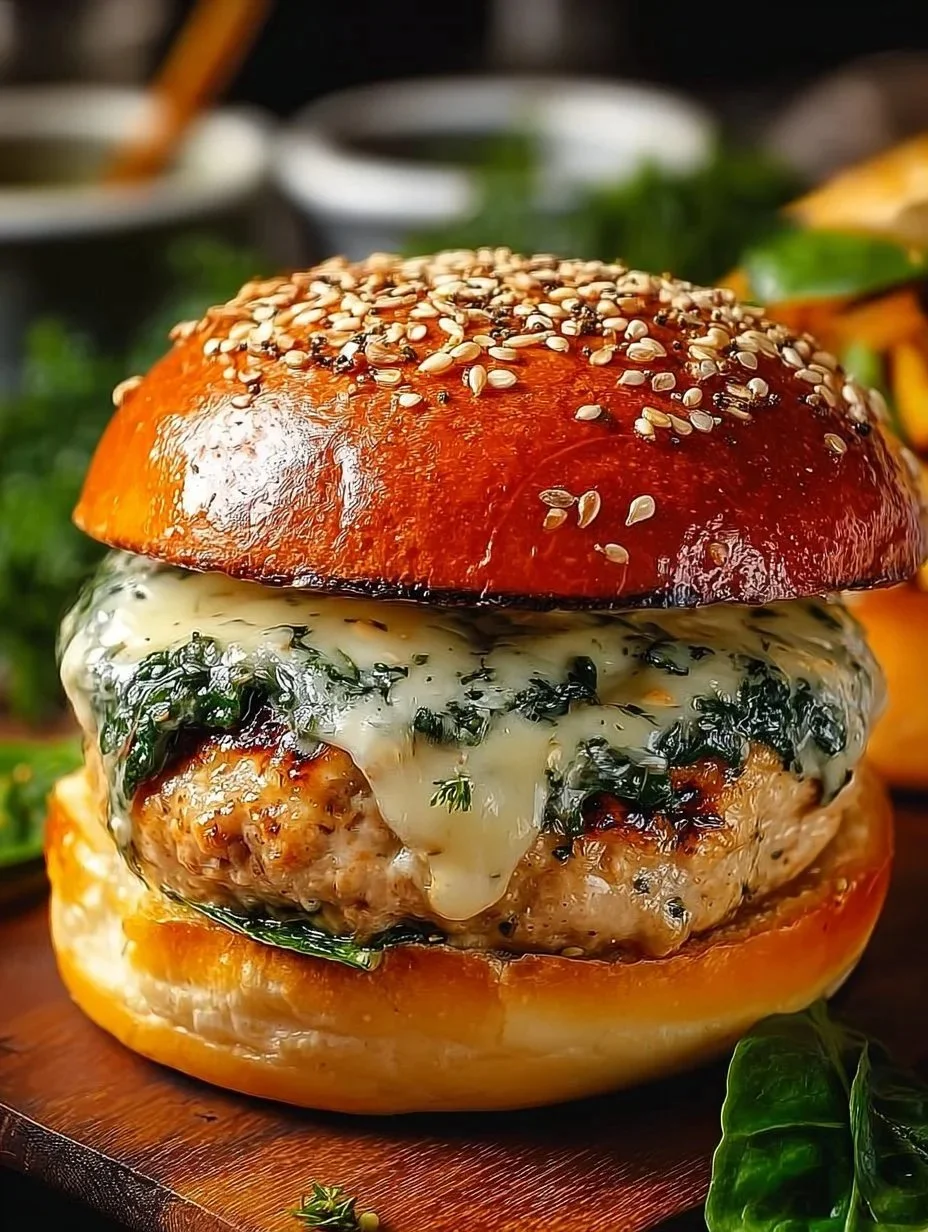 Spinach Chicken Burgers on a plate with fresh toppings