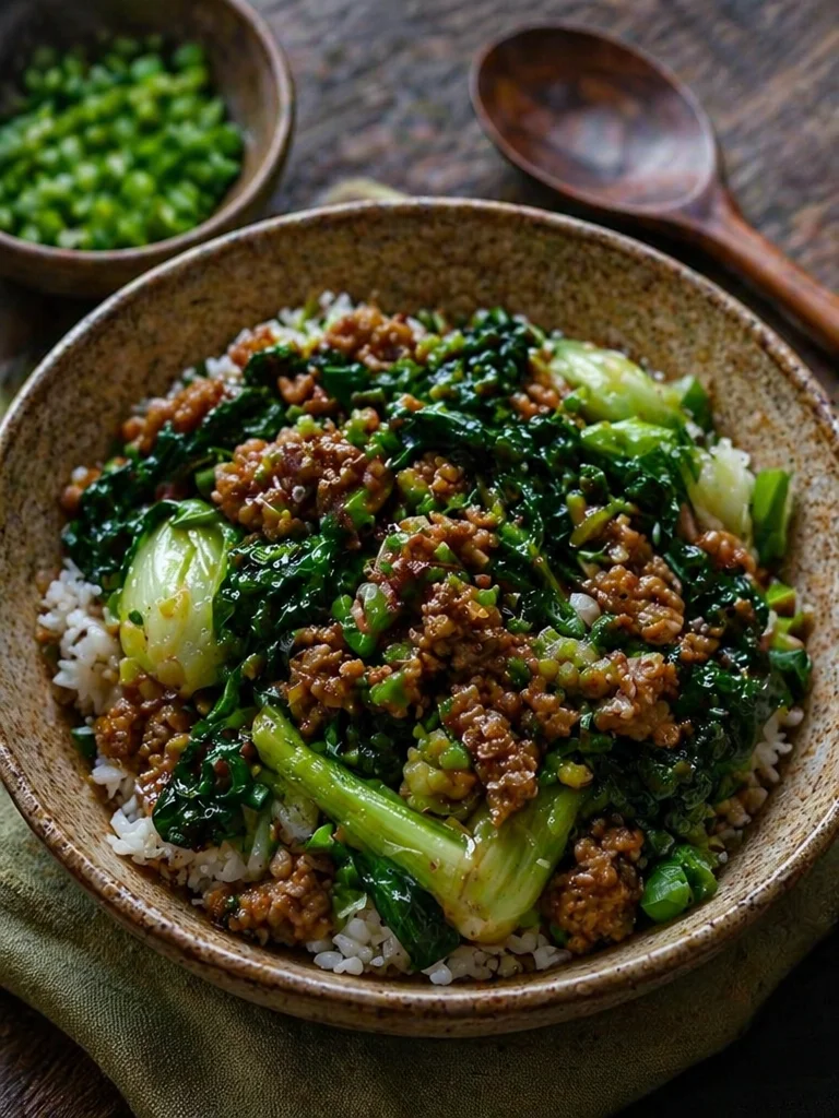 Stir-fried bok choy with ground meat, a healthy and flavorful dish