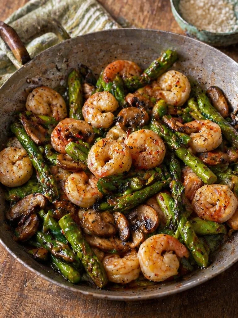 Stir-fried shrimp with asparagus and mushrooms on a plate