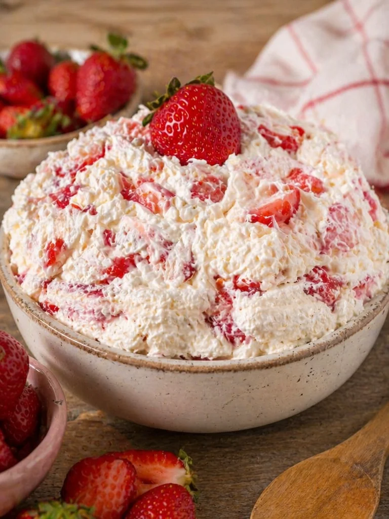 Delicious strawberry cheesecake salad topped with fresh strawberries and whipped cream.